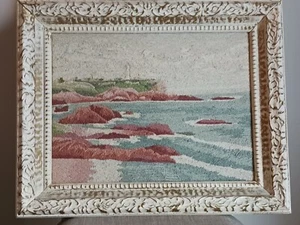 Vintage Embroidery Coastal Landscape with Lighthouse framed , 1950's - Picture 1 of 6