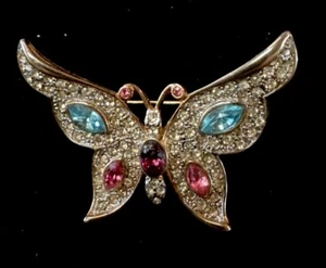Vintage Butterfly Brooch with gold tone and colorful crystal well made!!! - Picture 1 of 6