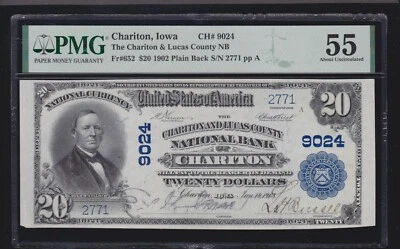1902 $20 National Currency PB NB Chariton Iowa Ch#9024 FR 652 PMG 55 Ch AU (771) - Image 1 of 2
