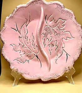 MCM Pink with Gold Splatter Divided Plate Dish Maple Leaf Design USA #704 - Picture 1 of 11