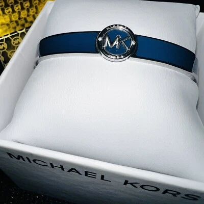 MICHAEL KORS Haute Silver Tone Navy Coral Enamel Bangle Bracelet Snap Shut NEW - Image 1 of 4
