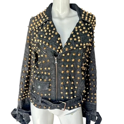 Chaqueta de Moto Denim Negra Remache de Picos Tachonada con Cinturón Talla Pequeña Punk Rock Nueva sin Etiquetas Foto 1 de 4