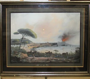 Vintage Naples Neapolitan Gouache View of Naples and Vesuvius from Posillipo - Picture 1 of 9