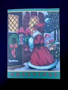 1 VTG Unused Xmas Greeting Card Jolly Santa In Red Coat Making A Big Delivery - Picture 1 of 3