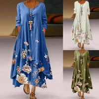 Women Casual Floral Print Dress O-Neck Long Sleeve Irregular Loose Long Dress