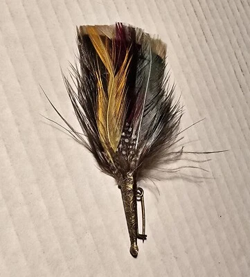 Vintage Bavarian Swiss German Tyrolean Feathers Hat Goldtone Pin Oktoberfest #1 - Image 1 of 4