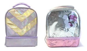 Girls Fashion Novelty Chevron Dual Compartment Drop Bottom Lunch Purple/Pink Bag - Picture 1 of 12