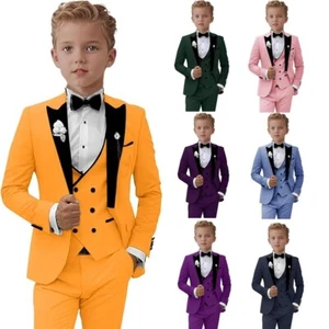 Boy Suit Peak Lapel Wedding Dress Evening Party Slim Fit For Kid Fashion 3 Piece - Picture 1 of 27