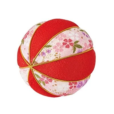 Handmade Japanese Temari Ball Traditional Embroidered Ornament 3" Red Floral - Image 1 of 3