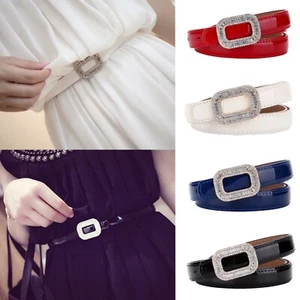 Women's Shiny Bling Rhinestone Buckle Skinny Patent Leather Belts Waistband 4-8 - Picture 1 of 26