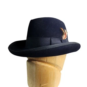 Sombrero Reed Hill Mezcla Piel Talla 7 Hecho a Medida Azul Marino Con Banda y Pluma - Imagen 1 de 13