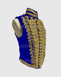 Men's Military Ceremonial Hussar Royal Blue Vest with Gold Braiding-Brass Button - Picture 1 of 3
