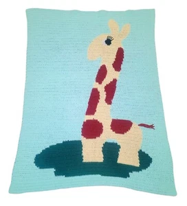 Vintage Hand Knit Crochet GIRAFFE Blanket Green Yellow Brown 54" x 41"  - Picture 1 of 5