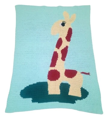 Vintage Hand Knit Crochet GIRAFFE Blanket Green Yellow Brown 54" x 41"  - Image 1 of 4