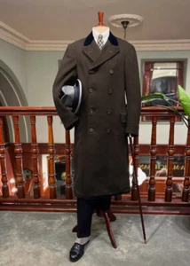 Vintage Men's Overcoats 1940s Double Breasted Business Wool Long Polo Coats - Picture 1 of 18