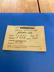 Vintage 1939 Berthing Card.SS Shawnee barrato SS Washington - Foto 1 di 2