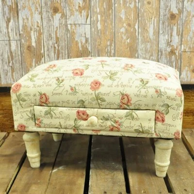 Rectangular Cream and Pink Rose Footstool with Drawer MIN2148 - Image 1 of 3