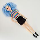Barbie Fashionistas Doll #170. Blue Crimped Hair, Rainbow T-Shirt, Black Skirt.