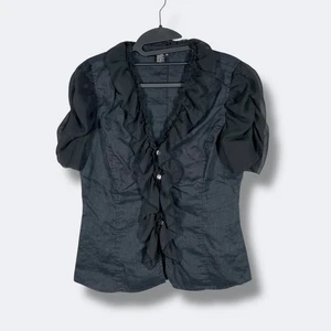 Tracy M S/S Bluse mit Knopfleiste Damen M schwarz Leinen Rüschenausschnitt transparent Old Money - Bild 1 von 6