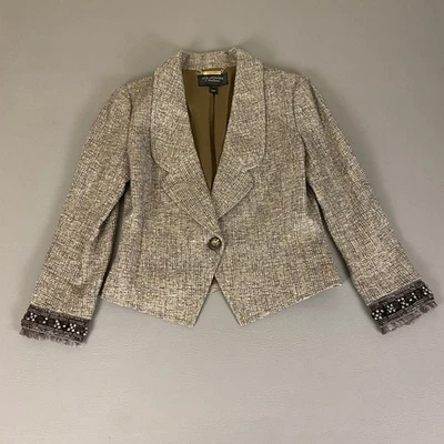 Chaqueta Blazer St. John Couture Para Mujer Talla 4 Beige Tweed Adornada Con Cuentas * Foto 1 de 4