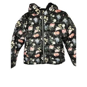 Primark, Floral Puffer Jacket, Black Multicolor, Polyester, Hooded Winter Coat - Picture 1 of 15