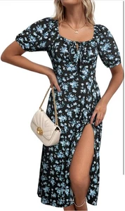 BLENCOT Casual Women's Square Neck Long Sleeve Split Thigh Boho Floral Dress XL - Picture 1 of 5