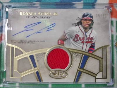 2021 Topps Tier One: Autograph Relics - Ronald Acuna Jr. (#T1AR-RA). /50 - Image 1 of 4
