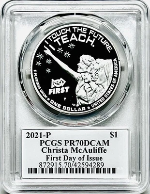 2021 P SILVER PROOF CHRISTA McAULIFFE PCGS PR70 DCAM FDI EMILY DAMSTRA SIGNED - Image 1 of 2