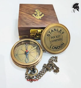 Brújula antigua Stanley London de latón macizo con caja de madera regalo marino vintage - Imagen 1 de 7