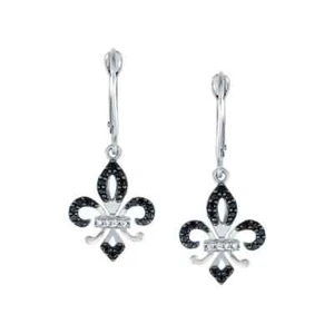 1/10 Cttw White & Black Diamond Fleur-De-Lis Drop Dangle Earring 925 Silver - Picture 1 of 3
