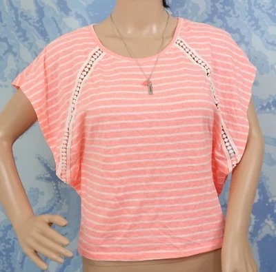 Speechless 2pc coral/white striped batwing w crochet detail Crop top necklace,M - Image 1 of 4