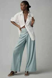 By Anthropologie Linen Belted Wide-Leg Pants 2 tall BLUE NEW NWT - Picture 1 of 4