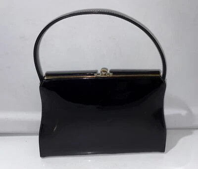Vtg Evening Purse Annette Handbags St Louis MO Black Glossy Patent Snap Close - Image 1 of 4