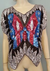 Vintage Sequin Butterfly Top Shirt Blue Red Silver Sequins Beads 1980's Colorful