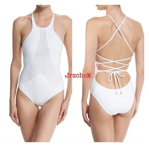 NWT Vitamin A High Neck Lace Up Back One Piece Swimsuit SZ S White $220 - Picture 1 of 7