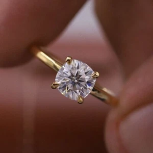 Cushion Cut Lab Grown Diamond Engagement & Wedding Ring 14k Yellow Gold Plated - Picture 1 of 10