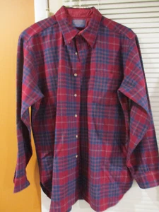 PENDLETON Flannel 100% Pure VIRGIN Wool Button Shirt L Red Blue Plaid Vintage - Picture 1 of 5