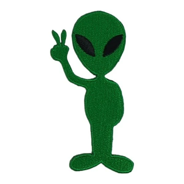 Green Alien with Peace Fingers Patch Embroidered Space Applique 8.5×4×0.1cm (1g) - Image 1 of 1