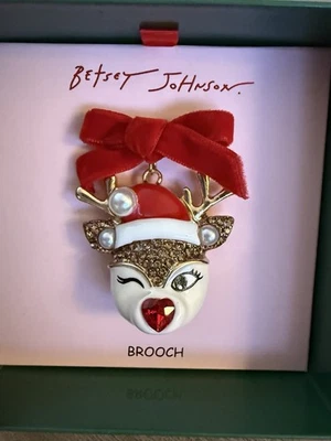 Broche de reno de vacaciones Betsey Johnson tono dorado guiñando un ojo detalles de cristal brillante Foto 1 de 4