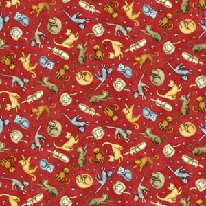 1/2 Yard ~ Tossed Cats on Red , Cotton $3.99 Ships Any Amount Of Fabric - Picture 1 of 3