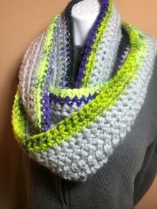 Infinity Crochet Scarf 5x66 Charisma Gray with Purple Black Green Border Warm - Picture 1 of 7
