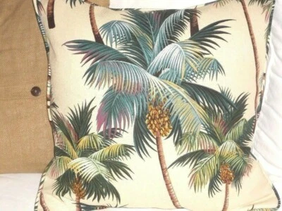 19" Hawaiian Tropical Cotton Barkcloth Fabric CORDED FEATHER PILLOW ~Palm Trees~ - Image 1 of 3