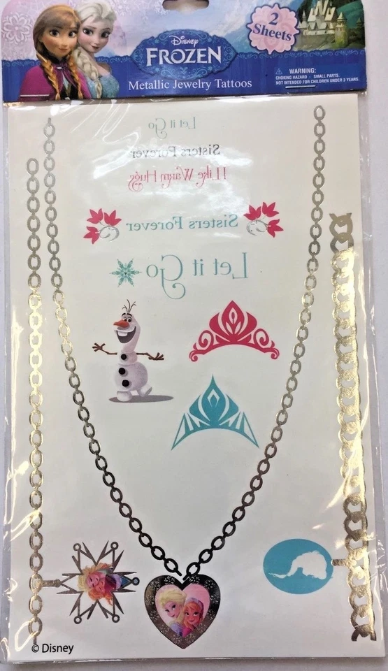 2 folhas de tatuagens de joias metálicas congeladas favores de festa suprimentos para professores Elsa Anna  - Imagem 1 de 2