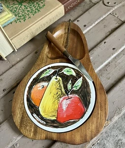 Vintage Fred Press Pear Shaped Ceramic Tile And Wood Cutting Serving Board Knife - Picture 1 of 8