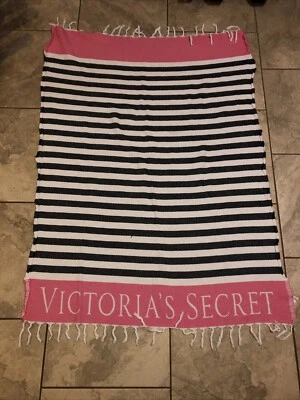 Victoria Secret Manta Borlas Rosa Rayas Blanco y Negro Auténtico Tejido Foto 1 de 4