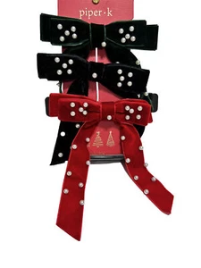 3 Pack-Piper K-Velvet w/Pearls Hairbows Black, Green, Red-Christmas Hair Tie - Picture 1 of 2