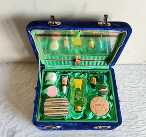Antique Vanity Kit Royal Blue Velvet Box With Mirror Vanity Items Inside V268 - Picture 1 of 8