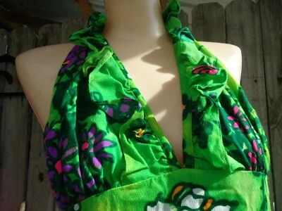 Новый из старых запасов винтажный 7 с бретелью через шею макси зеленый фиолетовый оранжевый цветочный гавайский платье пляж сарафан  - Изображение 1 из 4