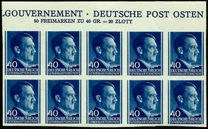 III REICH, GENERALGOUVERNEMENT, ADOLF HITLER, 40 GR., UNPERF., BLOC OF 10, MNH - Picture 1 of 1