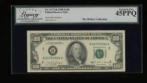 DBR 1990 $100 FRN New York Fr. 2173-B Legacy 45 PPQ Serial B02783684A - Picture 1 of 2